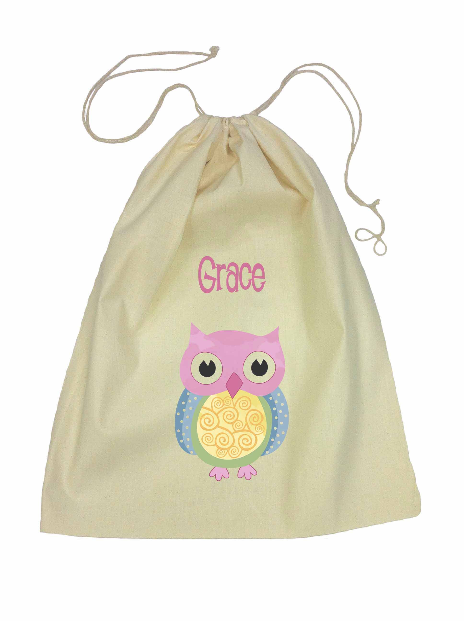Drawstring Library Bag with Pink Owl