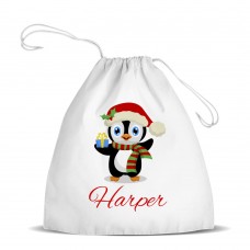 Penguin White Drawstring Bag