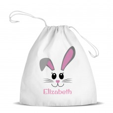 Pink Bunny Face White Drawstring Bag