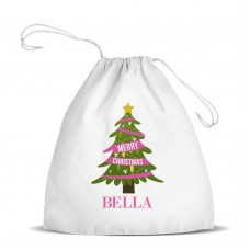 Pink Christmas White Drawstring Bag