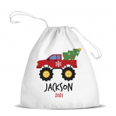 Red Monster Truck White Drawstring Bag