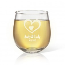 Double Heart Engraved Stemless Wine Glass